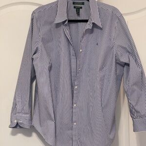 Ralph Lauren 2X No Iron Blouse Striped Blue and White